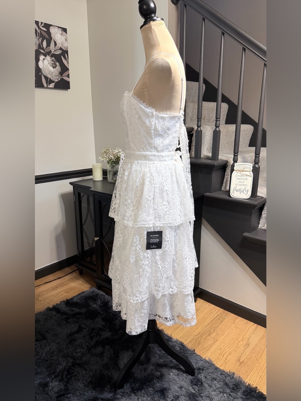 NWT Lulus White Lace Tiered Midi Dress with Open Back Medium - Picture 7 of 11
